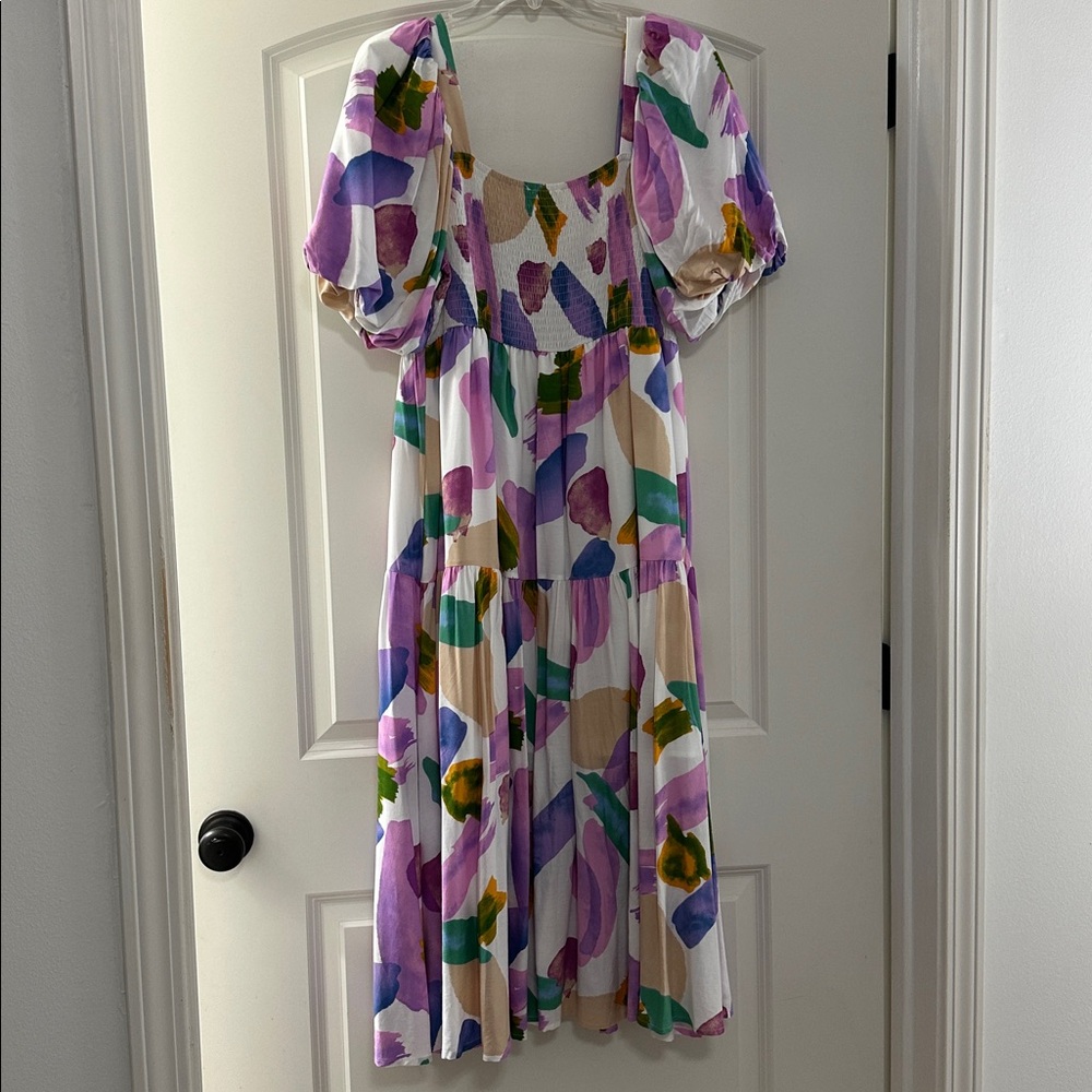 entro White Midi Dress with Pink, Purple & Green Abstract Print - Picture 3 of 4